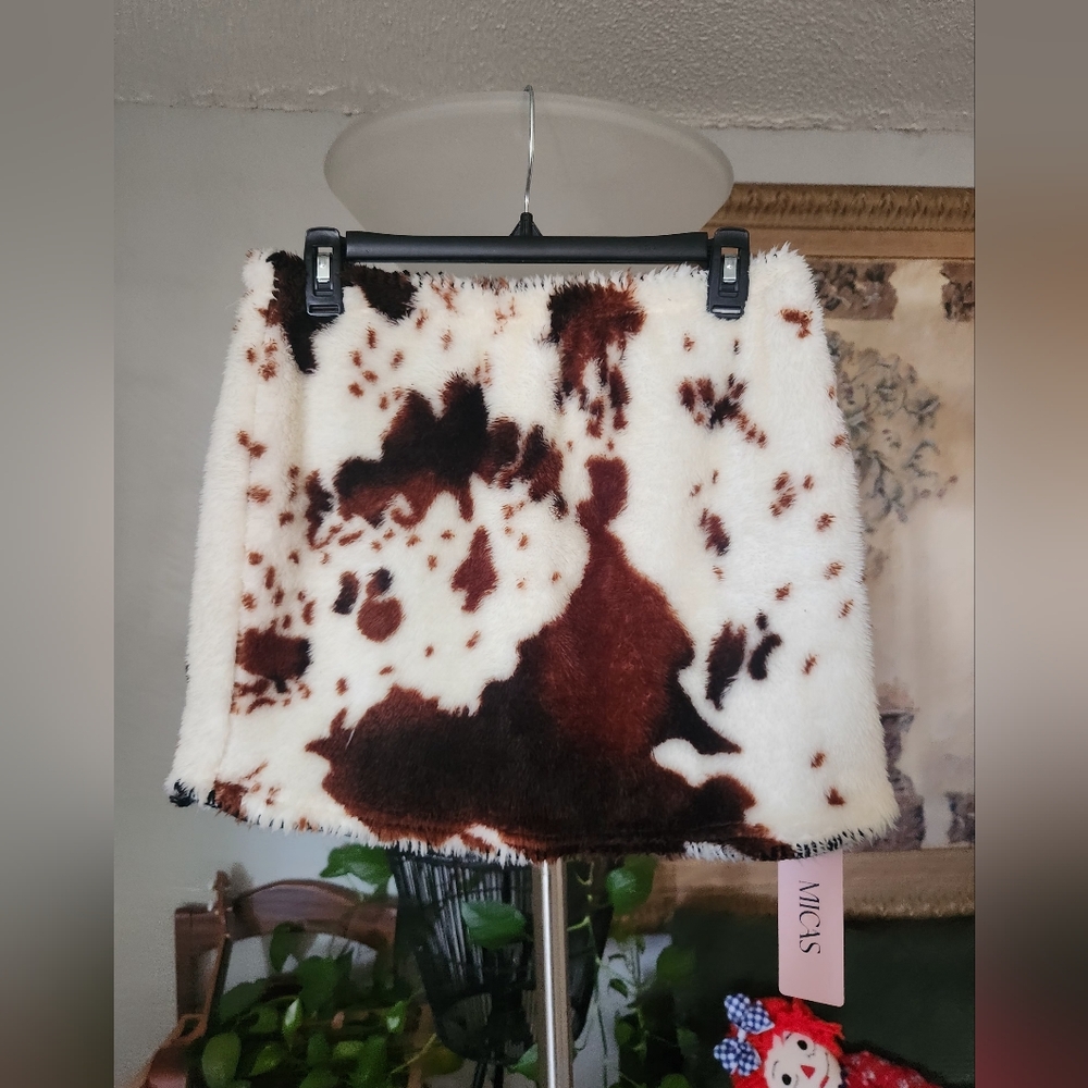 MICAS Faux Fur Cow-Print Mini Skirt - Cream & Brown